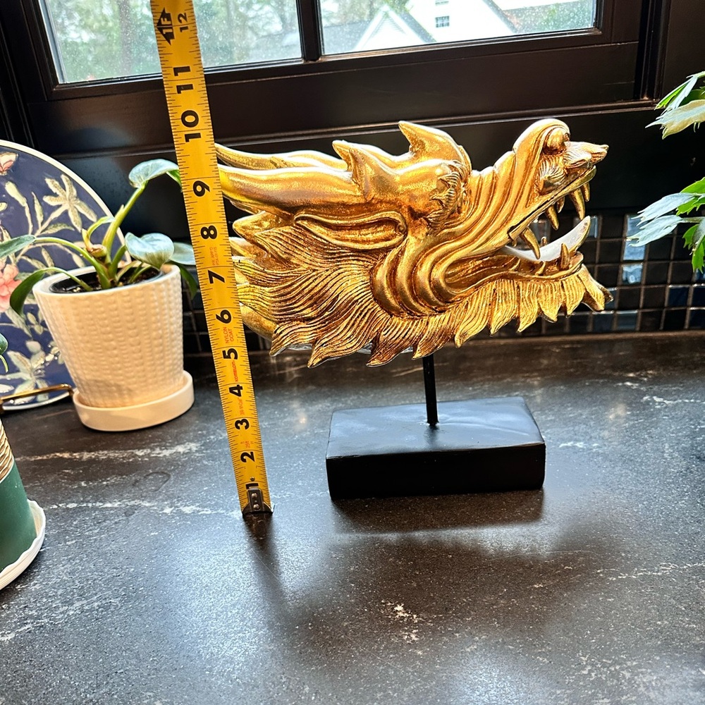 Chinoiserie Regency Golden Dragon Head Statue W/ Base - Picture 7 of 8
